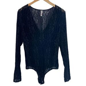 Intamitly Free People Lace & Velvet Long Sleeve Bodysuit
